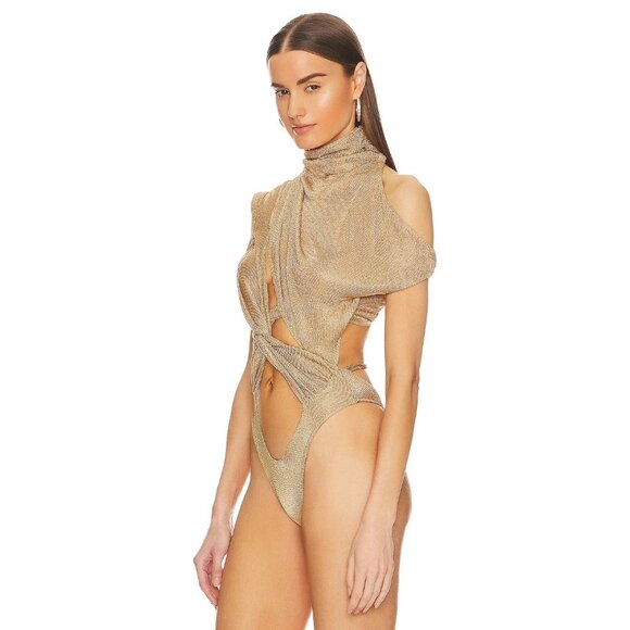 LaQuan Smith Hand Draped Geometric Bodysuit in Gold - Picture 4 of 5